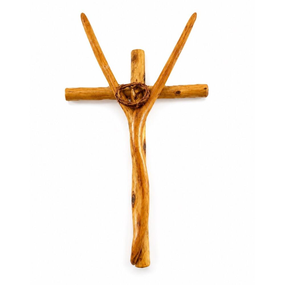 Handcrafted Rustic Wooden Cross Crown of Thorns Wall Hanging Folk Art 10”